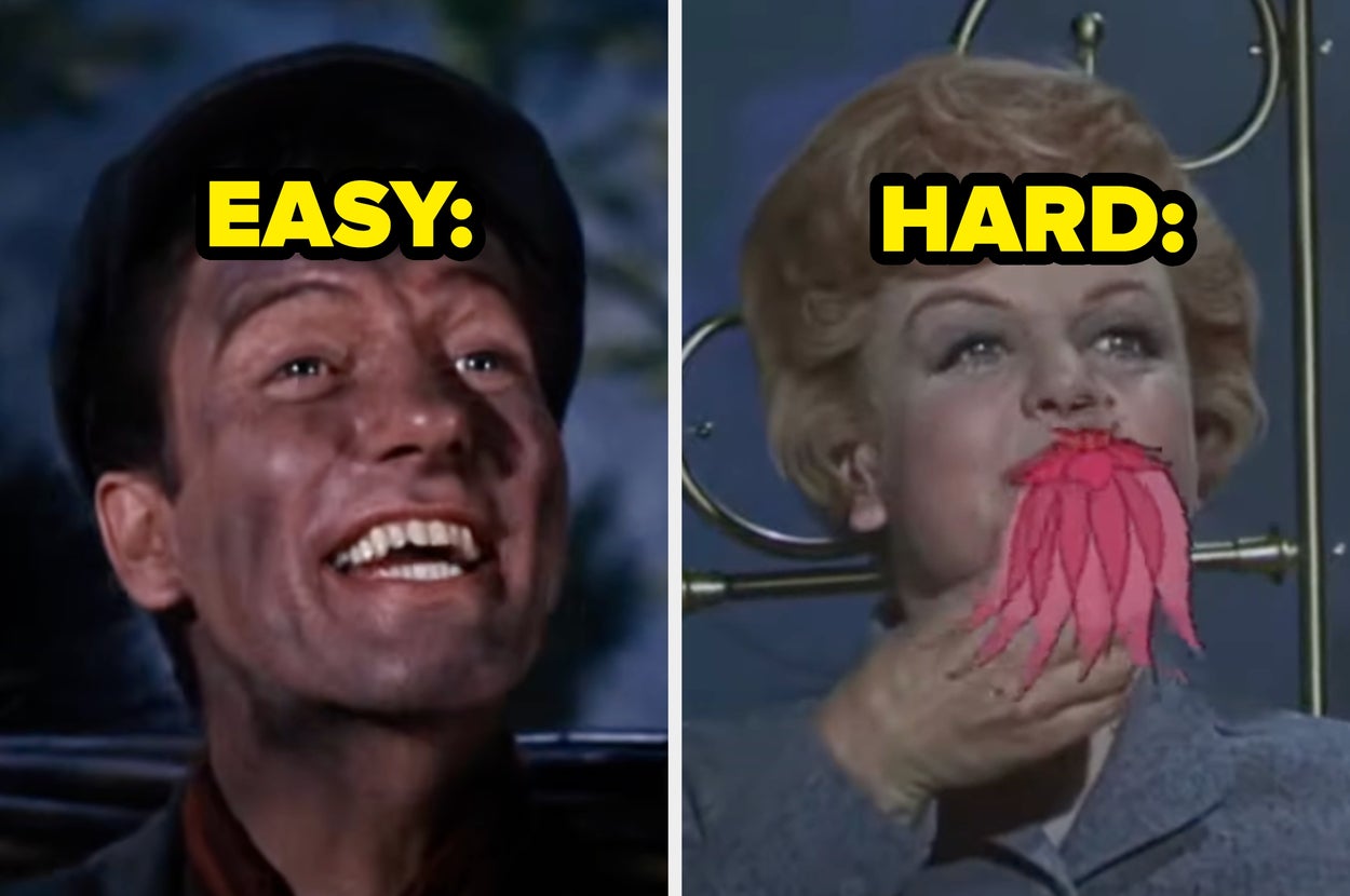 Two split images: left shows a smiling man with a cap labeled "Easy"; right shows a woman playfully holding a paper beard labeled "Hard."