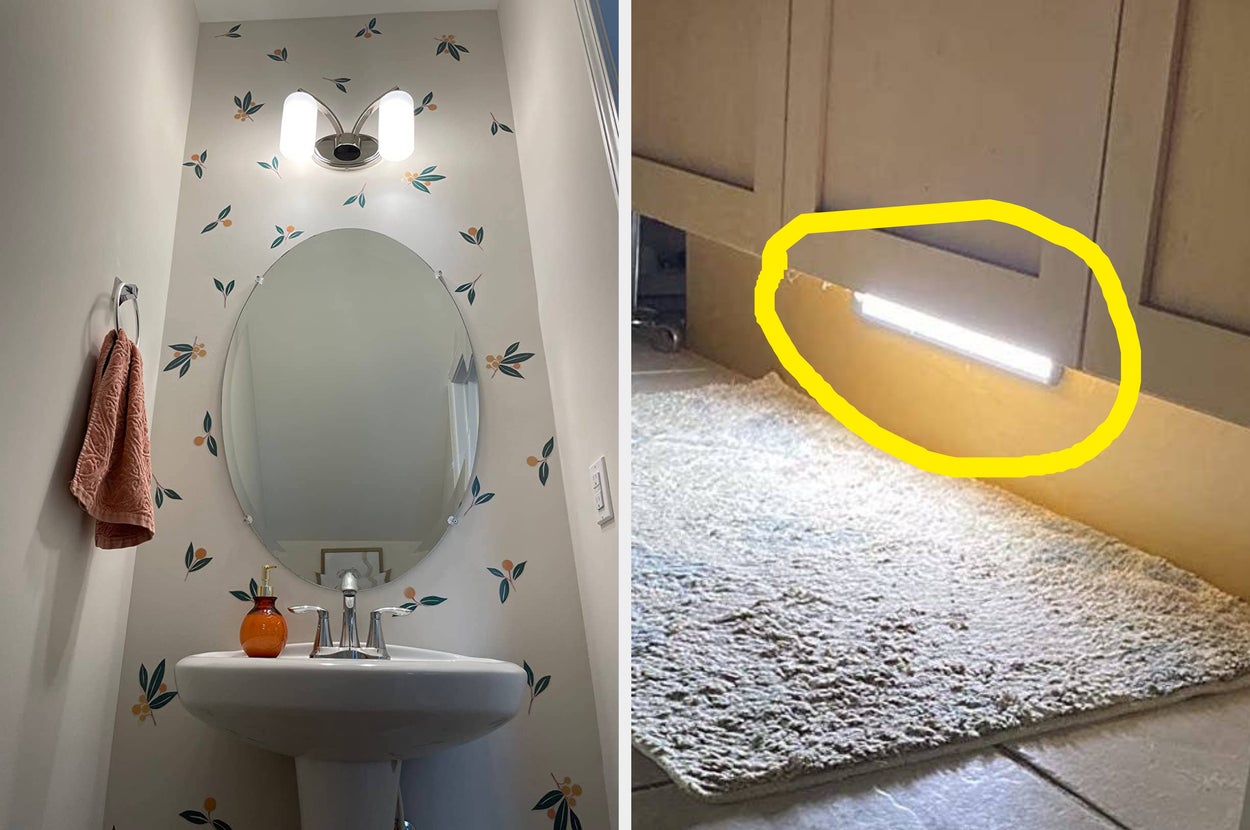 Magnetic soap holder next to a stick-on cabinet light above a rug, showcasing home convenience items