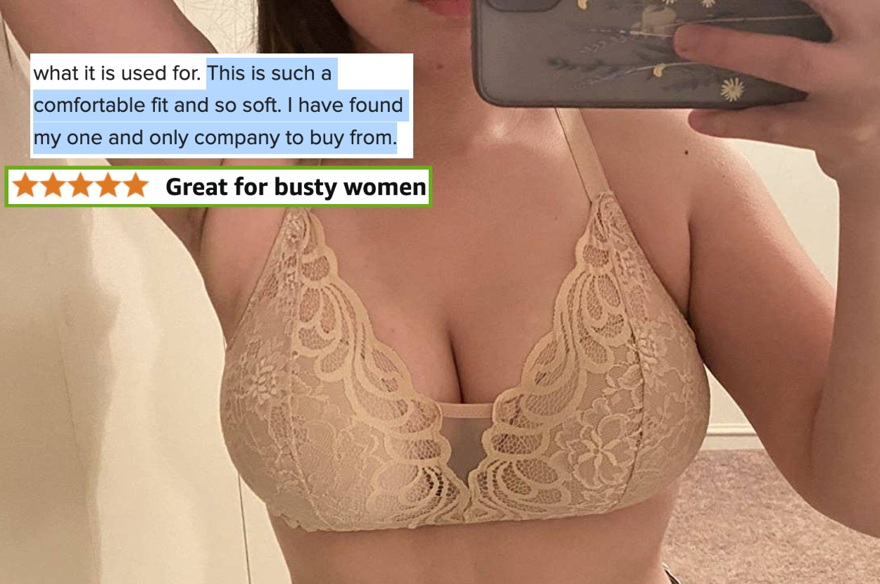 Person wearing a lace bralette, showing off its fit and comfort. Overlay text: "Great for busty women," with a five-star rating displayed