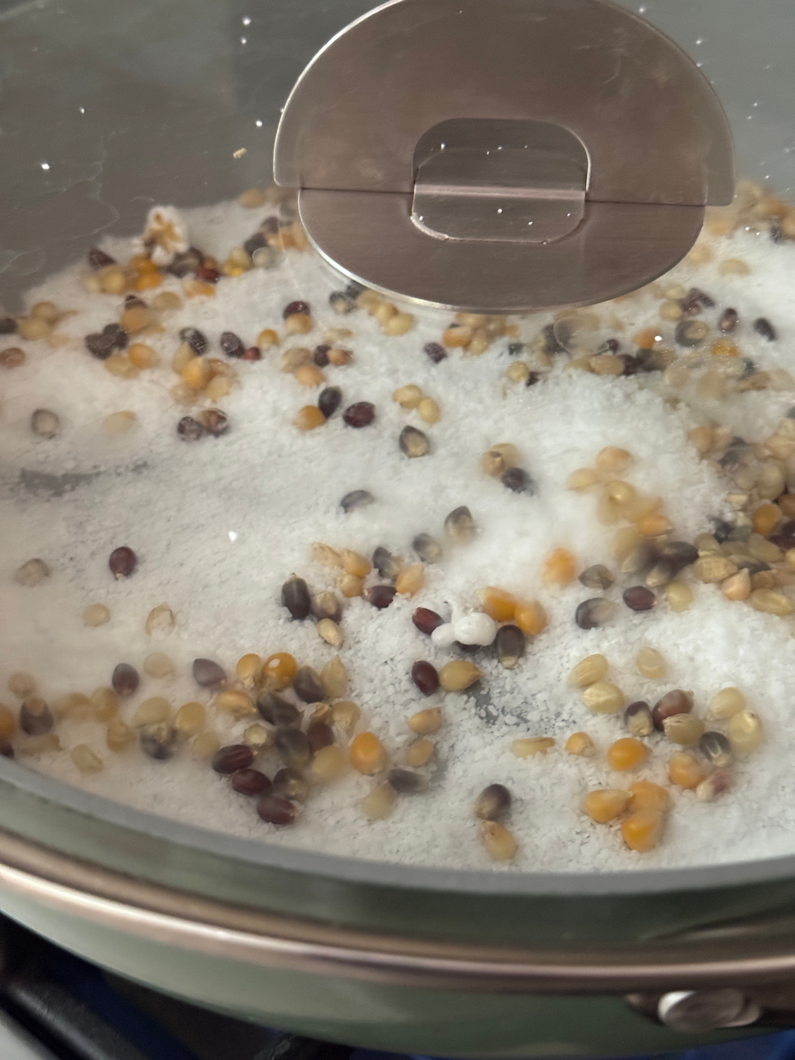 Popcorn kernels popping inside a pot with a glass lid on a stove