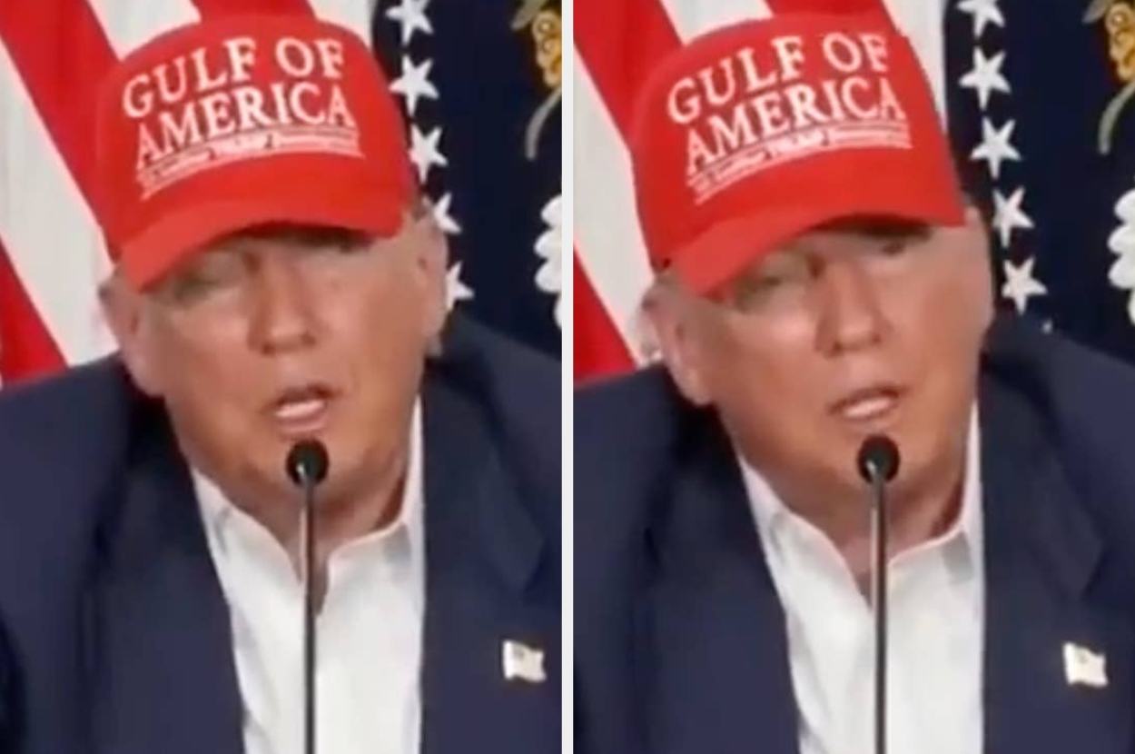 Donald Trump in a red cap reading "Gulf of America" speaks at a press conference with flags in the background