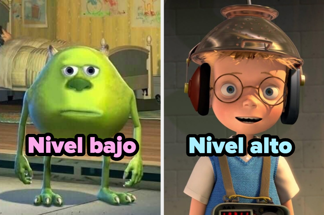 Dos personajes animados: uno verde de "Monsters Inc." con cara de sorpresa, y un niño con casco de inventor de "Meet the Robinsons". Texto: "Nivel bajo" y "Nivel alto"