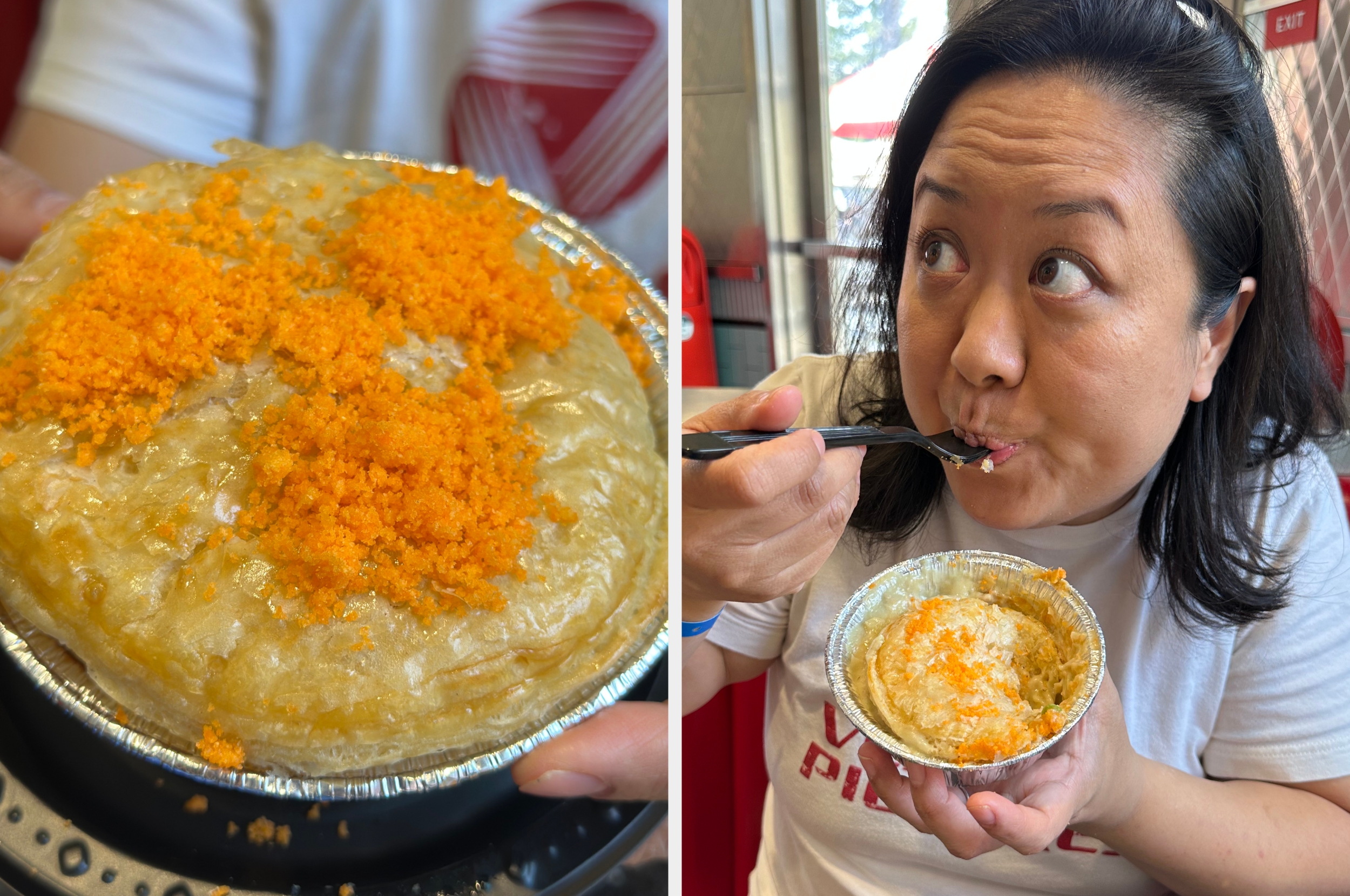 Person eating a savory pie with a crispy crust and orange topping, holding a fork. Close-up of pie in aluminum tin