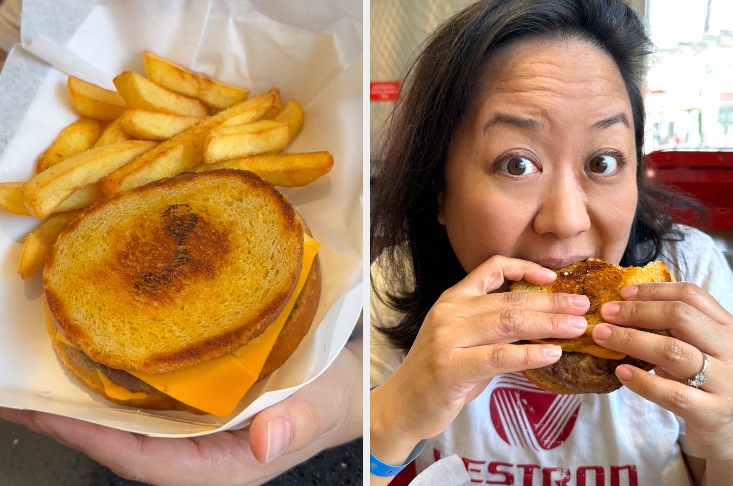 Left: A cheeseburger with fries. Right: A person enthusiastically bites into a burger at a casual dining setting, wearing a casual outfit