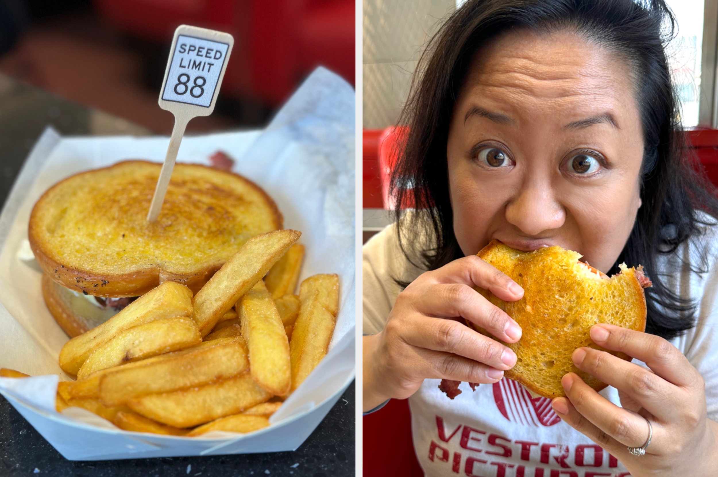 Woman at diner enjoying a sandwich. On left, sandwich and fries with a &quot;Speed Limit 88&quot; sign pick