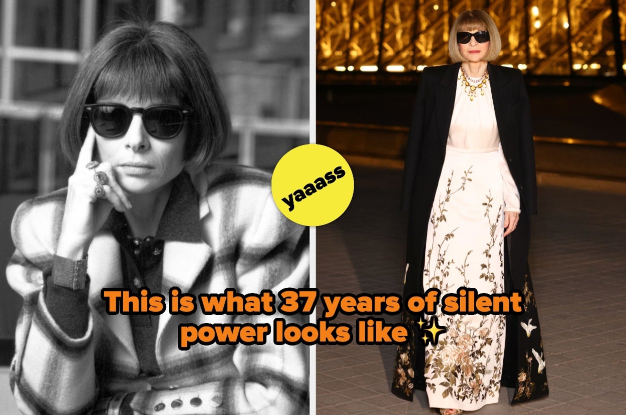 A person wearing sunglasses in a plaid coat on the left and a floral gown with a black coat on the right. Text overlay: "This is what 37 years of silent power looks like."