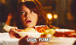 Person looks up in mock exasperation while holding a dish of food, with the text &quot;UGH, YUM!&quot; at the bottom