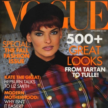 Model in plaid jacket on Vogue cover, Fall Fashion Issue; headlines include interviews with celebrities and articles on motherhood and Chanel