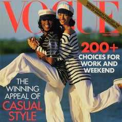 Two models in sailor-inspired outfits pose playfully on a 1980s Vogue cover