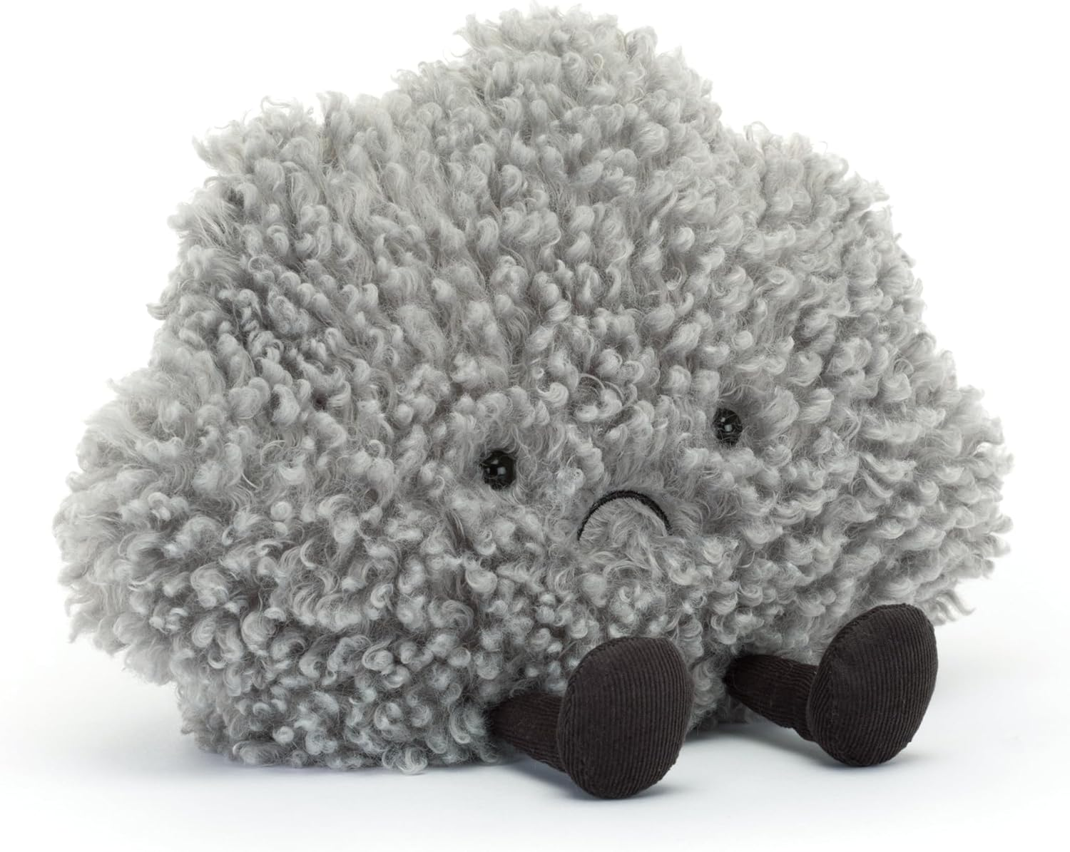Plush gray cloud toy with a textured, fluffy surface and a small frowning face sits with stubby legs, creating a cute and cuddly appearance