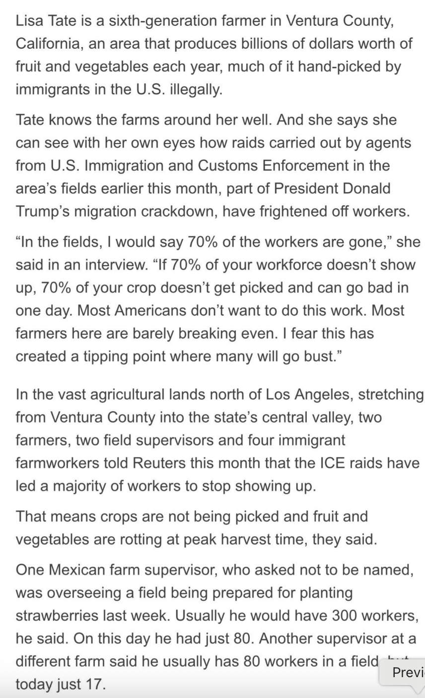 Article discusses loss of of farm workers due to immigration crackdowns