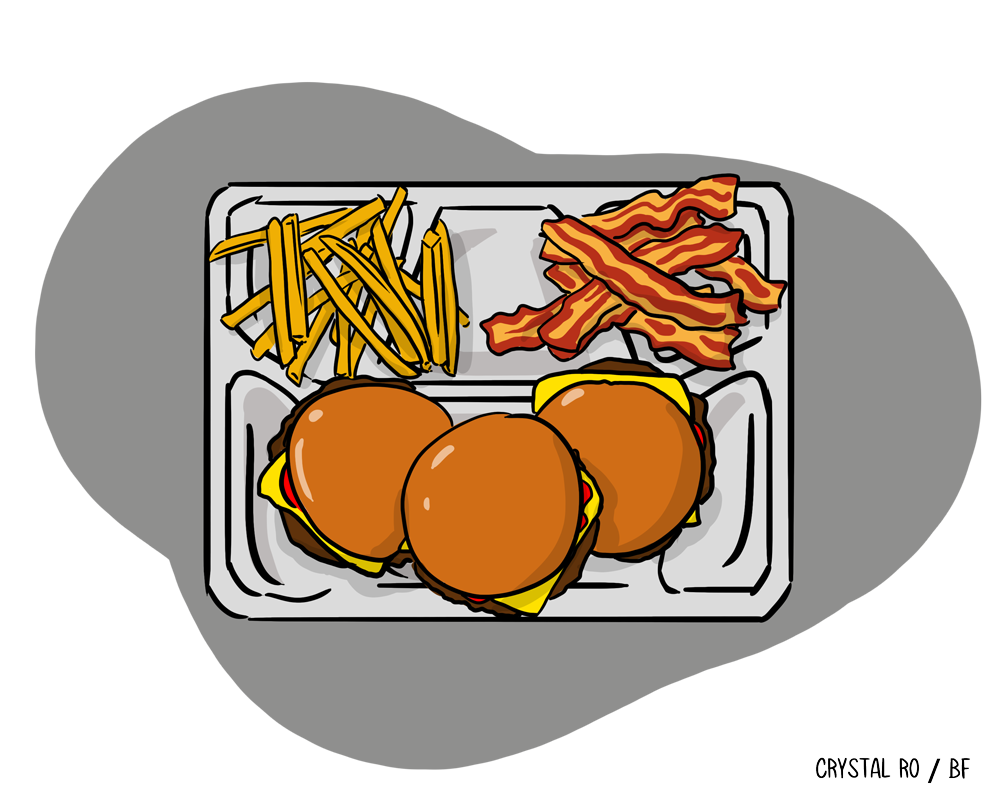 Cafeteria tray with fries, three cheeseburgers, and bacon strips