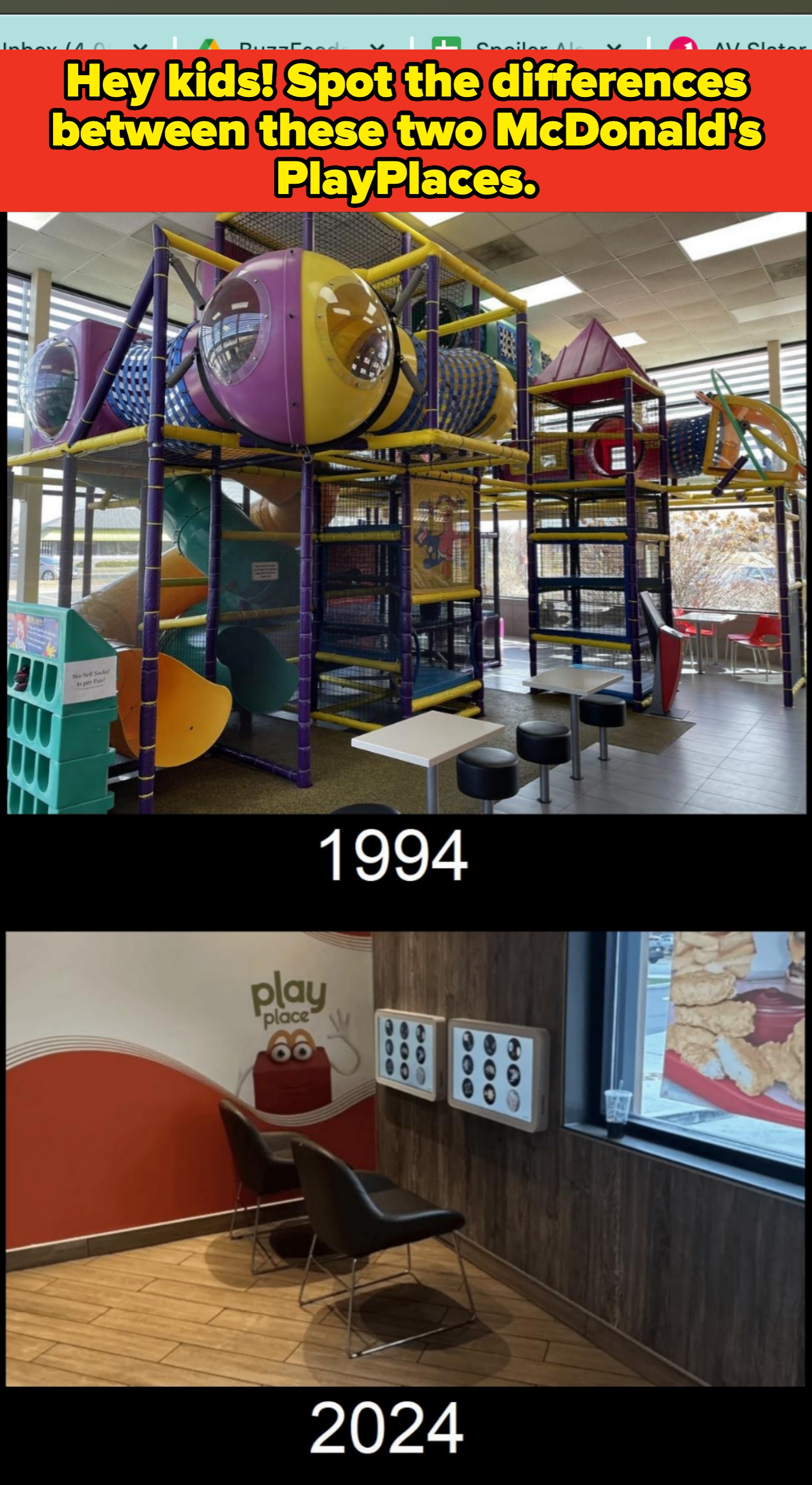 A 1994 children's play area with colorful tubes is compared to a minimal 2024 space with two chairs in front of screens