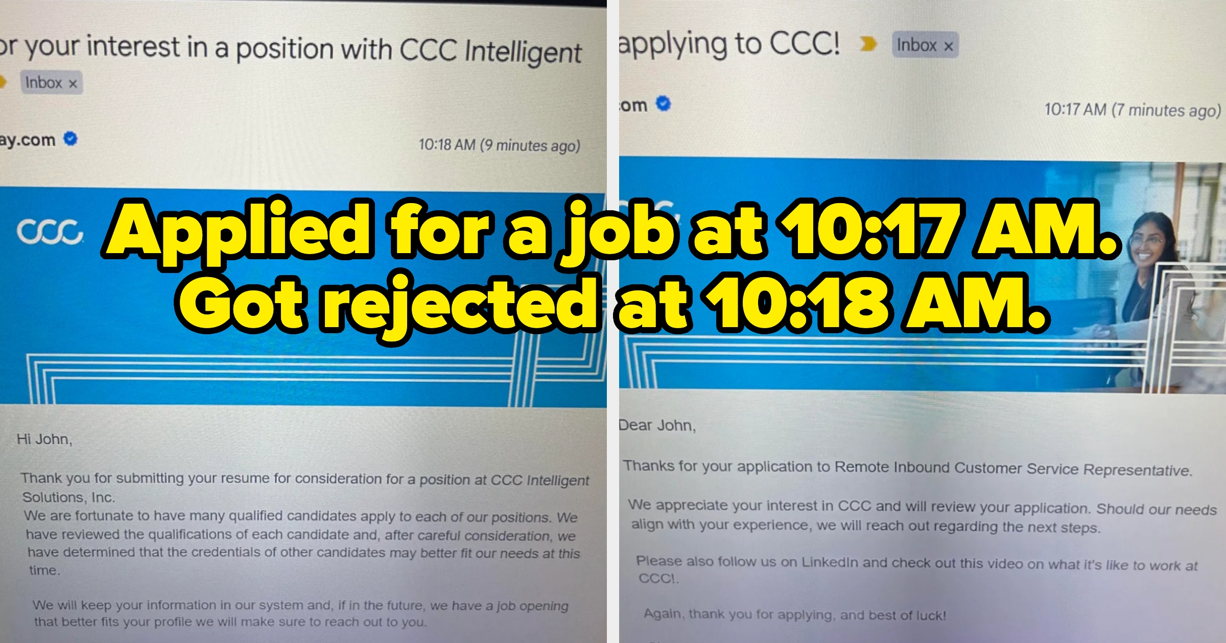 Email screenshots showing a job application being received and then rejected within two minutes