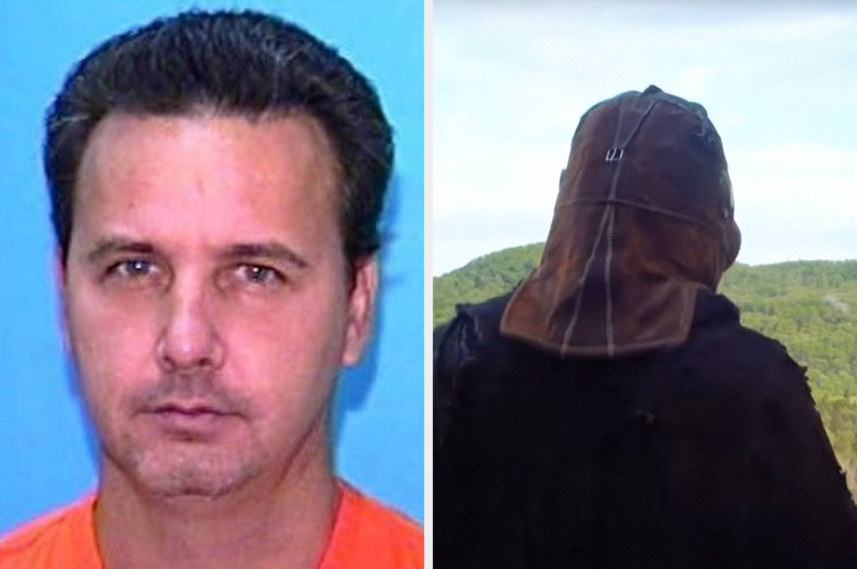 Left image: A man in an orange shirt. Right image: Person wearing a hood, facing a forested landscape