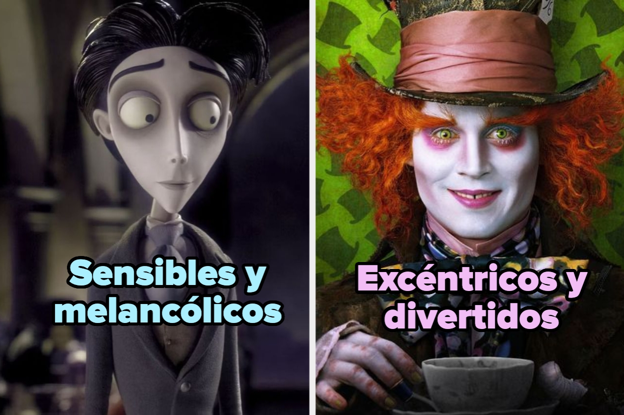 Personaje animado melancólico a la izquierda y personaje excéntrico con sombrero a la derecha. Texto: "Sensibles y melancólicos", "Excéntricos y divertidos"