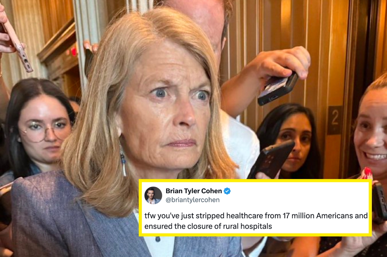 Woman surrounded by media, looking concerned. A tweet overlays the image, criticizing the removal of healthcare for millions