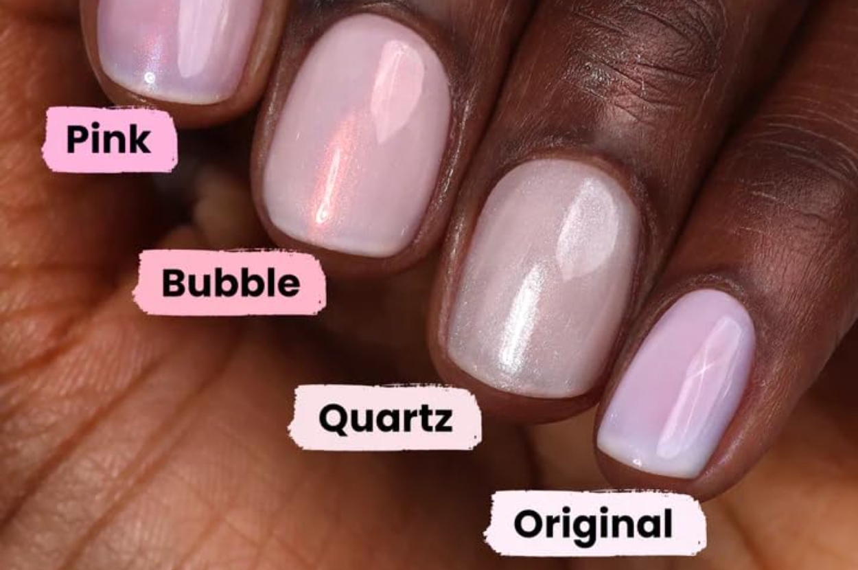 Four manicured nails showcasing different shades: Pink, Bubble, Quartz, and Original, labeled accordingly