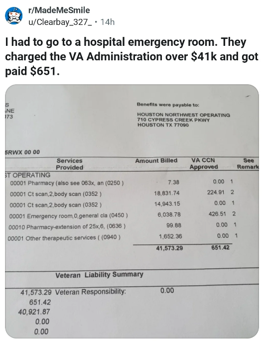 A veteran shares an emergency room bill on r/MadeMeSmile, showing a $41,573 charge, which has been reduced to $651 as the approved amount to charge the VA. The Veteran pays nothing