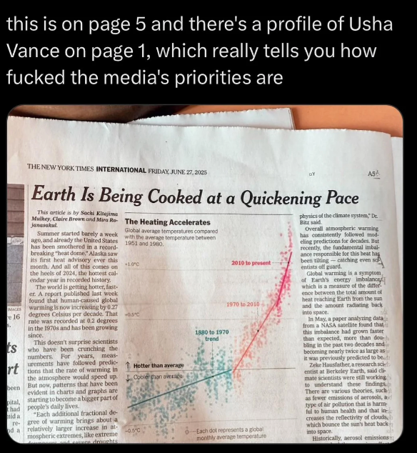 Newspaper article on Earth&#x27;s rising temperatures shows a graph and discusses climate change. Added text comments on media priorities, saying this is page 5 and a profile on Usha Vance is on page 1