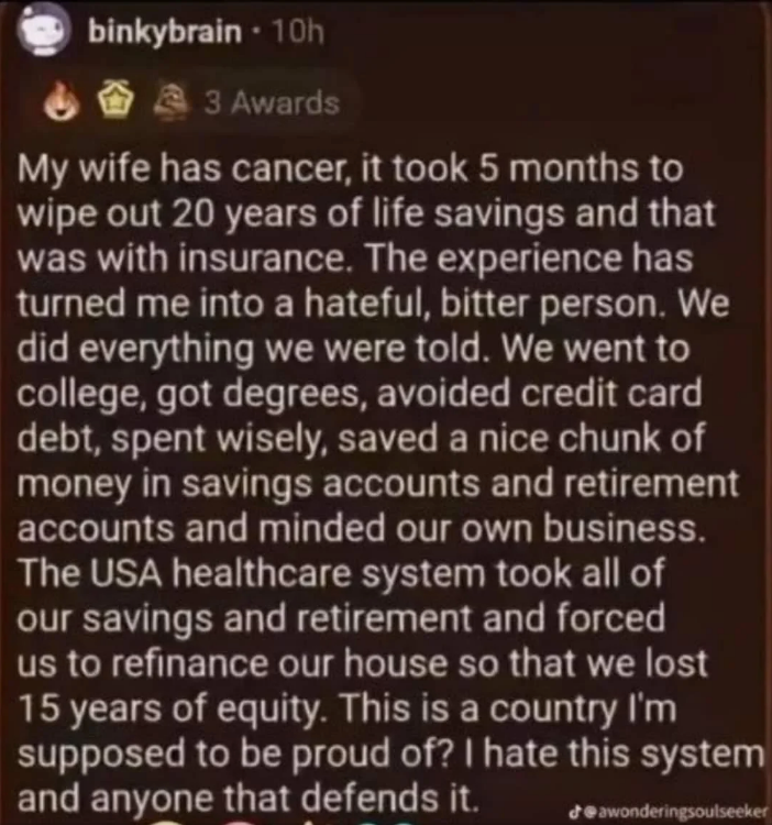 A person shares their experience of financial ruin due to healthcare costs for cancer treatment, expressing anger and frustration with the system