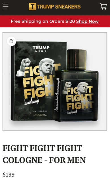 Cologne product display for &quot;Fight Fight Fight&quot; by Trump for men, priced at $199