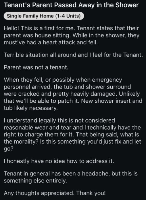 Landlord asks what to do after the tenant&#x27;s parent fell and died in the tenant&#x27;s tub/shower, asking if it&#x27;s okay to charge them for the damage