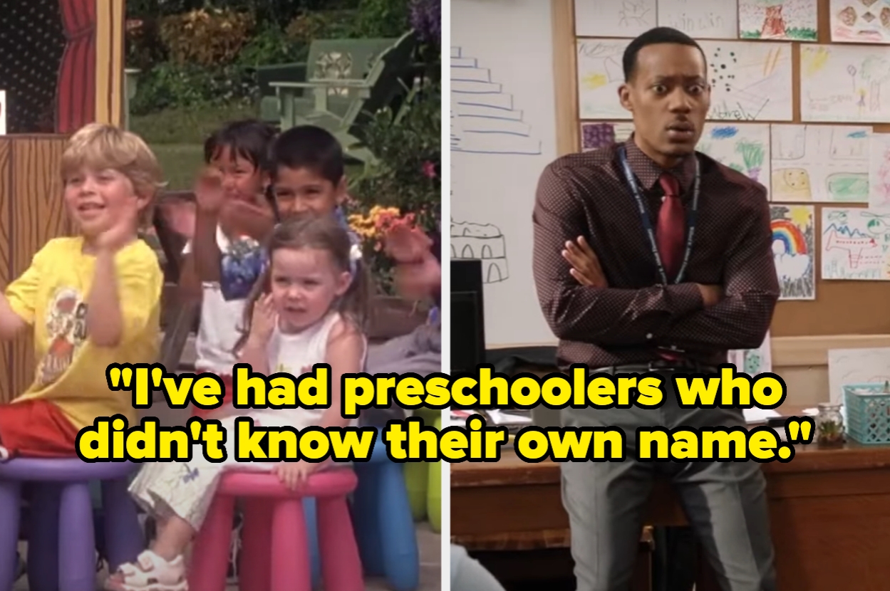 Left: Preschoolers clapping. Right: Teacher in an office looking concerned. Caption: "I've had preschoolers who didn't know their own name."
