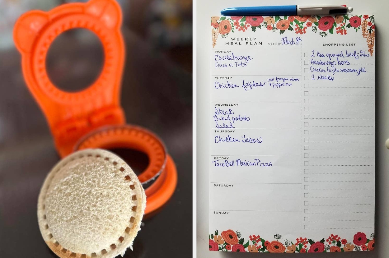 Sandwich cutter and meal planning list with days of the week and a shopping list including meats and vegetables