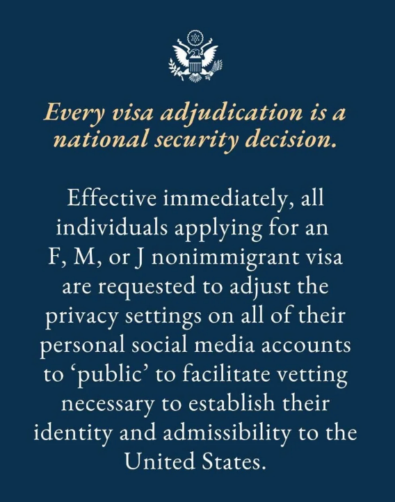 Summary: Visa applicants must set social media accounts to &#x27;public&#x27; for vetting to verify identity and U.S. admissibility