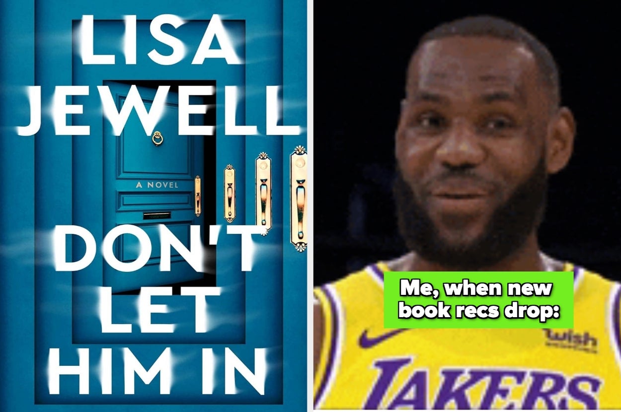 The image shows the book cover "Don't Let Him In" by Lisa Jewell and a sports figure, amused, with text: "Me, when new book recs drop."