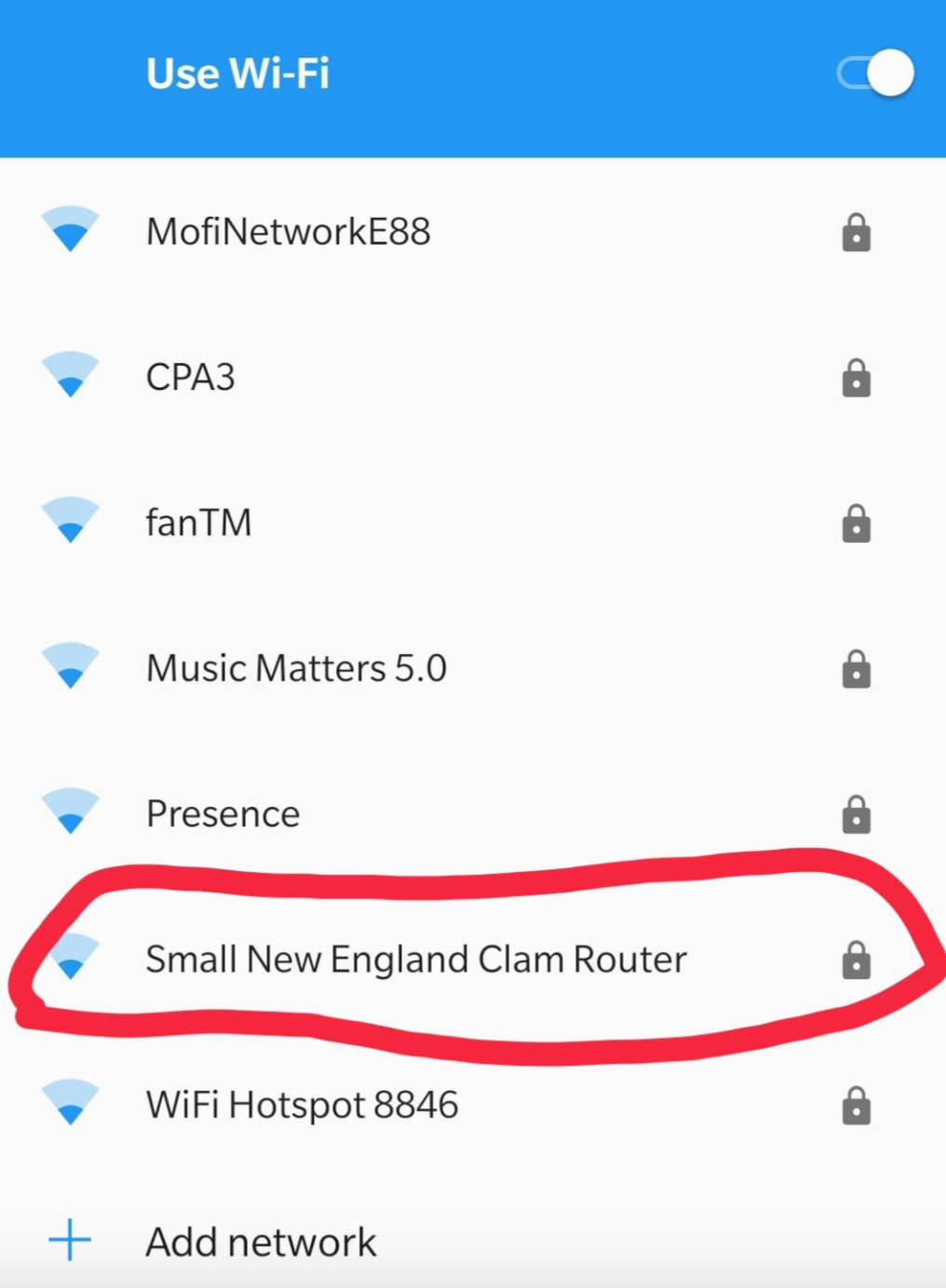Wi-Fi web  database  with "Small New England Clam Router" highlighted among different   networks