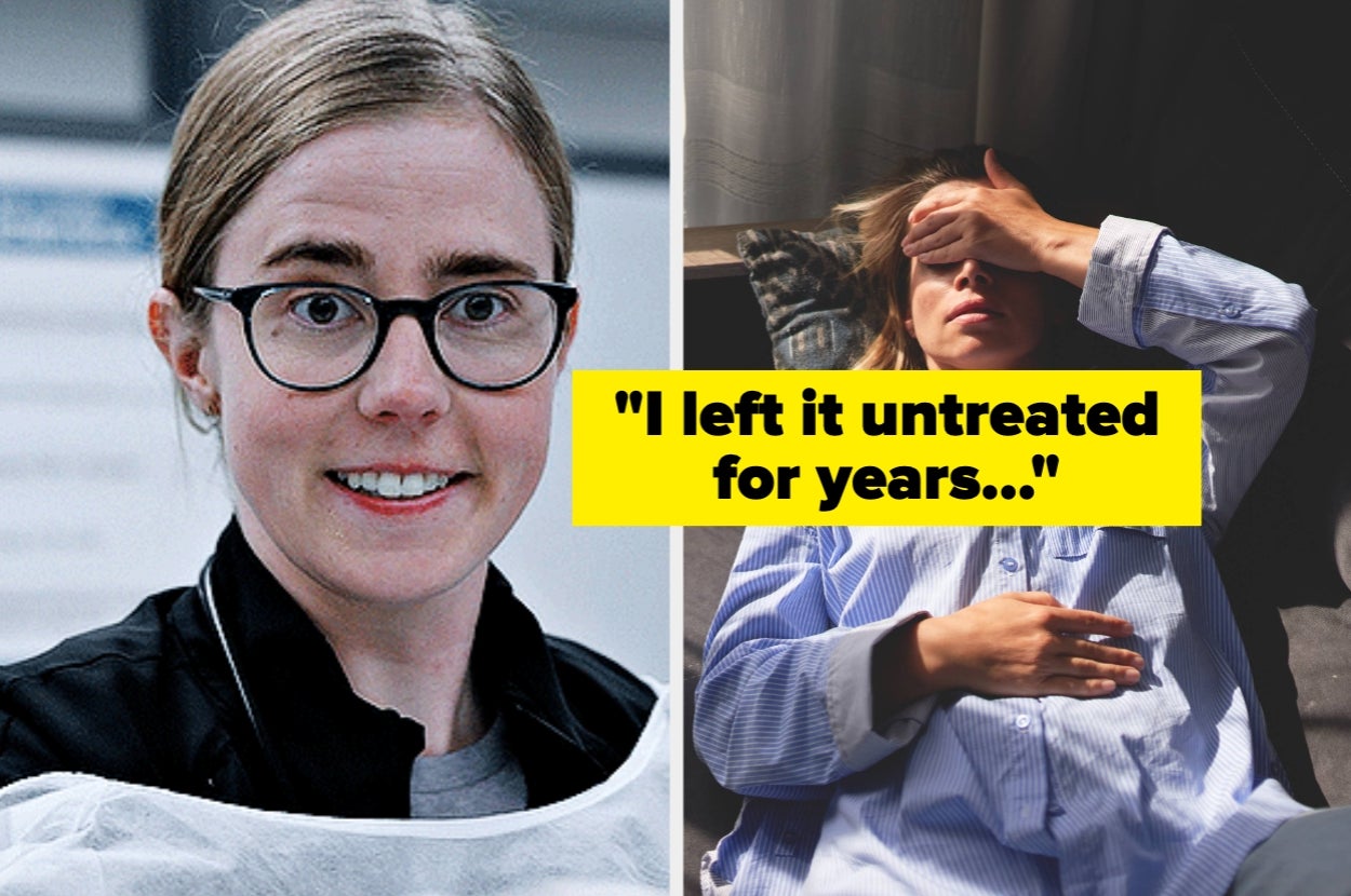 Smiling person with glasses on left; person in pajamas resting in bed on right, partially covered face. Text reads: "I left it untreated for years..."