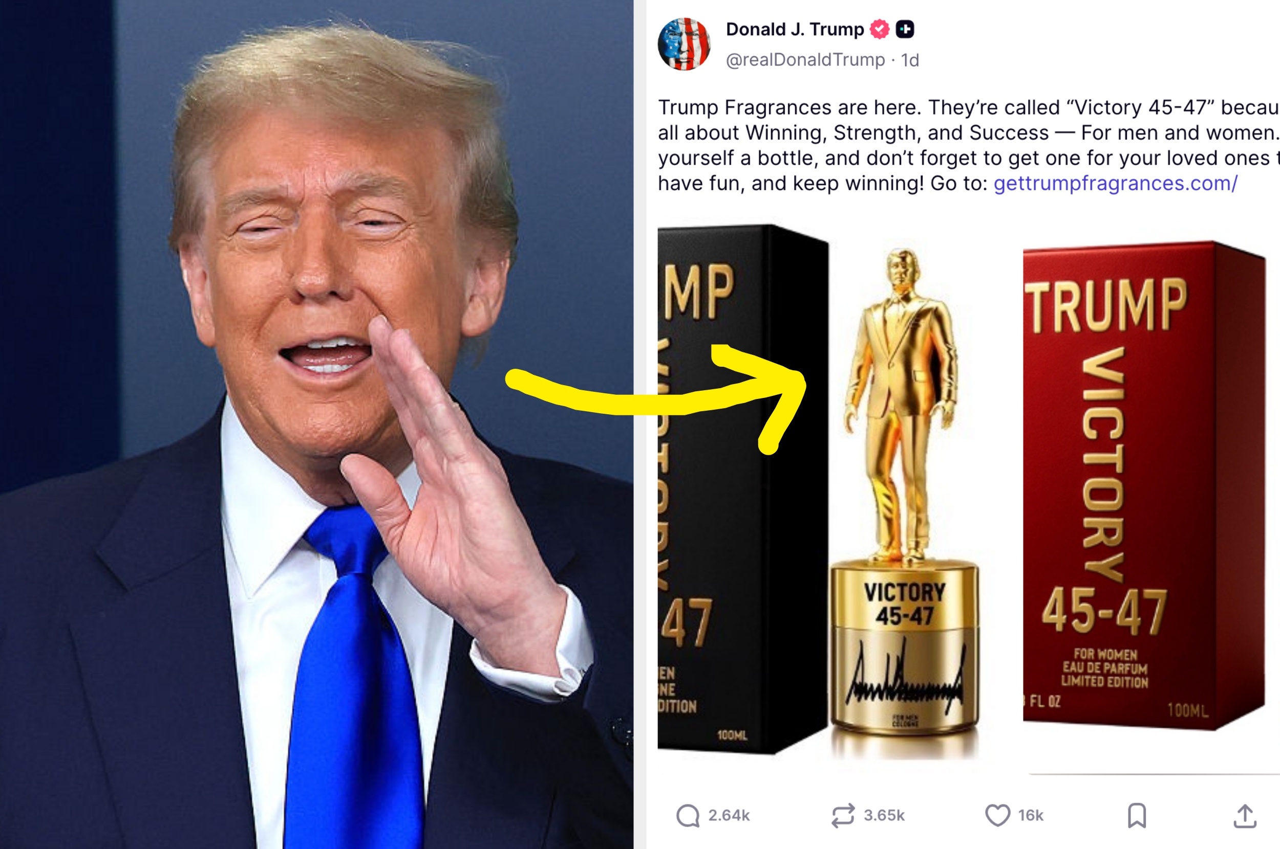 trump in suit gestures next to an edited tweet promoting "Trump Fragrances" with a trophy-like bottle labeled "Victory 45-47."