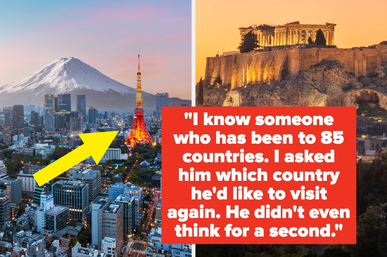 Split image of Tokyo Tower, Mount Fuji, and the Acropolis in Athens, with travel quote about revisiting a country