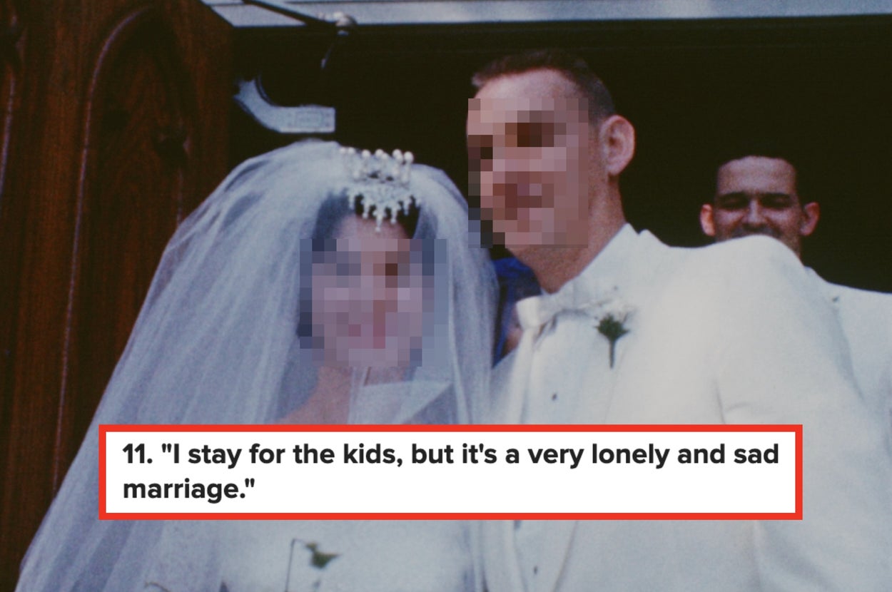 Bride and groom in wedding attire, text reads: "I stay for the kids, but it's a very lonely and sad marriage"