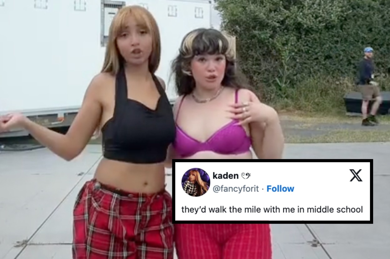 Two people in casual tops and plaid pants pose confidently outdoors. Tweet overlay: "they'd walk the mile with me in middle school."