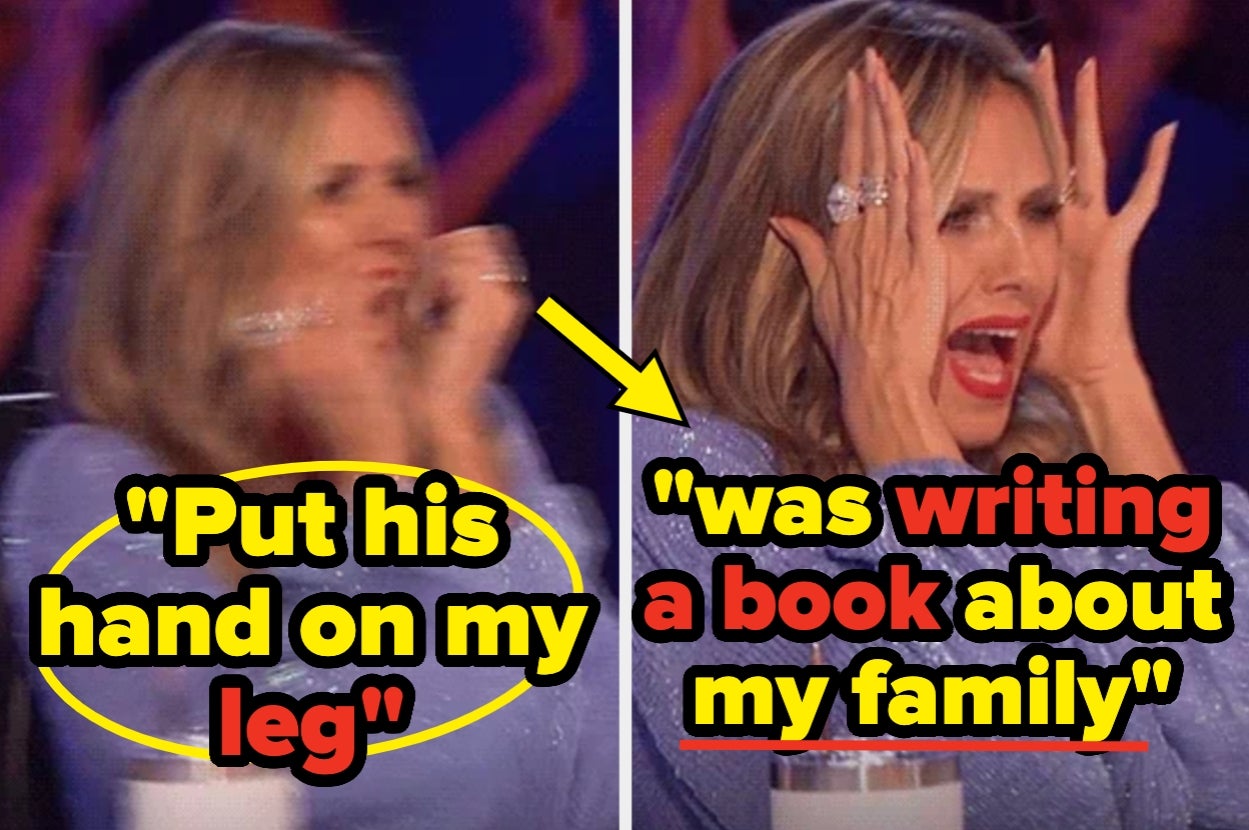 Woman surprised and excited, reacting to unexpected news involving her family. Text highlights shock about a book being written