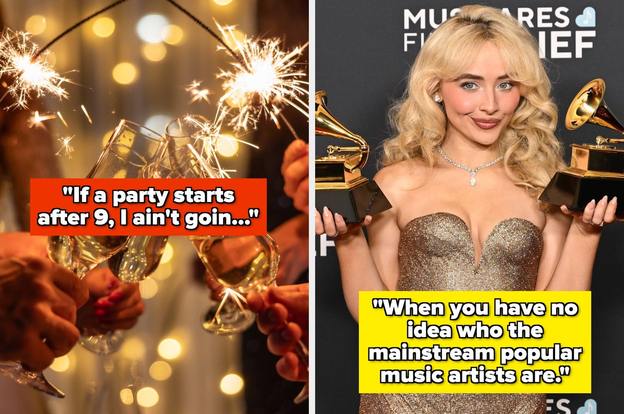 Split image of champagne glasses and sparklers, and Sabrina Carpenter holding Grammys. Text on left: "If a party starts after 9, I ain't goin…" Text on right: "When you have no idea who the mainstream popular music artists are."