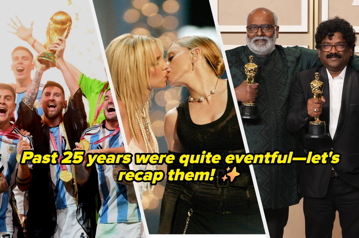 Collage of world events: Soccer team celebrating with a trophy, two individuals kissing on stage, two people holding awards. Text: "Past 25 years recap!"