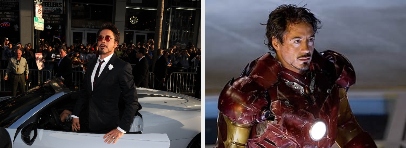 A person in a suit exits a car on a red carpet; the same person is shown dressed in a metallic superhero costume