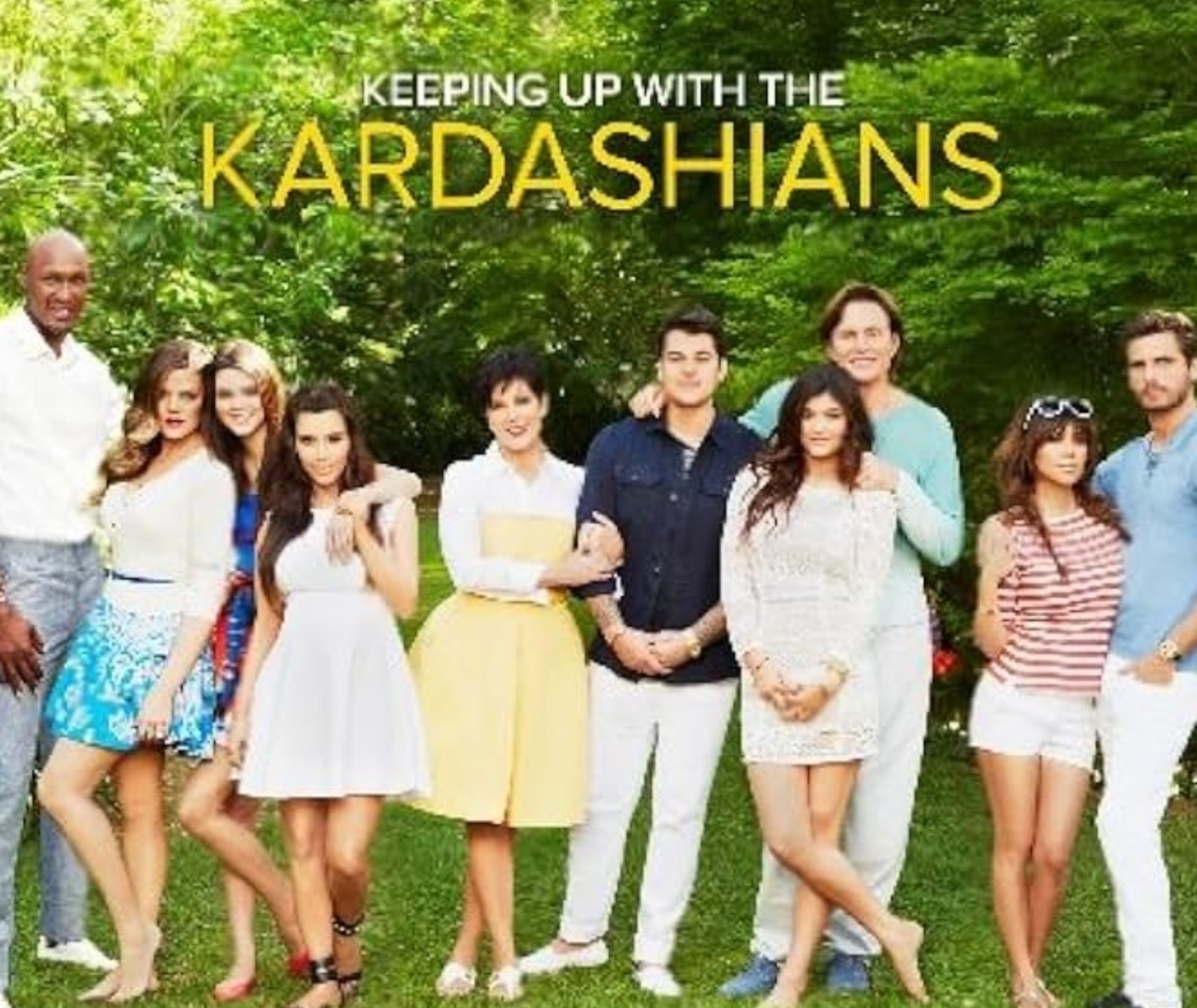Group of people posing outdoors for a "Keeping Up with the Kardashians" promotional image. Casual, stylish attire