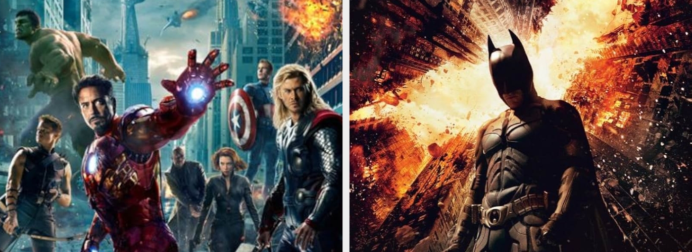 Superheroes from two different comic universes depicted in dynamic action scenes, each prepared for battle amidst dramatic cityscapes