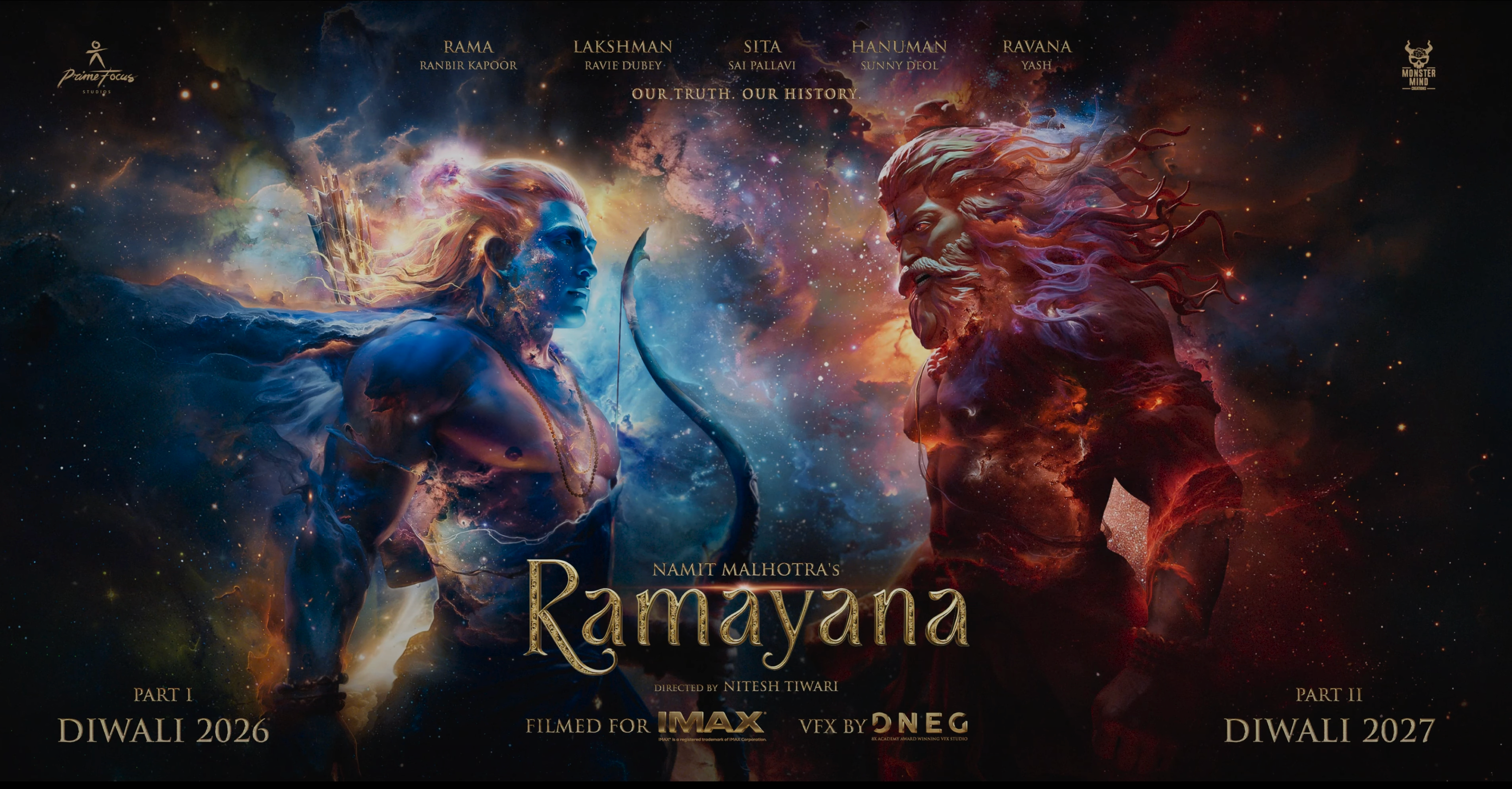Illustrated poster for "Ramayana" featuring two mythical figures facing each other. Text mentions it's filmed for IMAX, releasing Diwali 2026 and 2027
