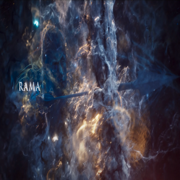 Abstract cosmic scene with swirling clouds and a large arrow. Text reads "RAMA."