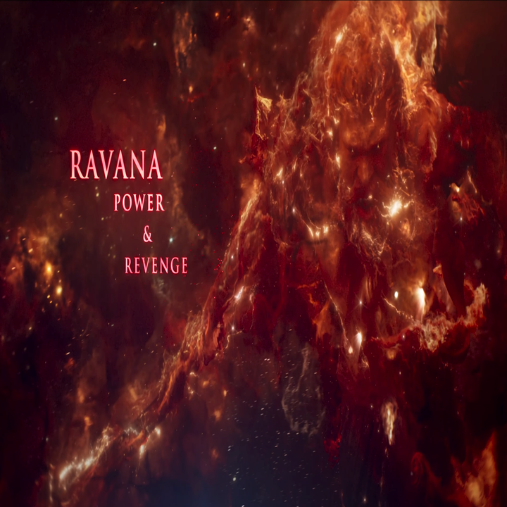 A celestial scene with the words "Ravana: Power & Revenge" amid swirling cosmic dust forming a humanoid figure