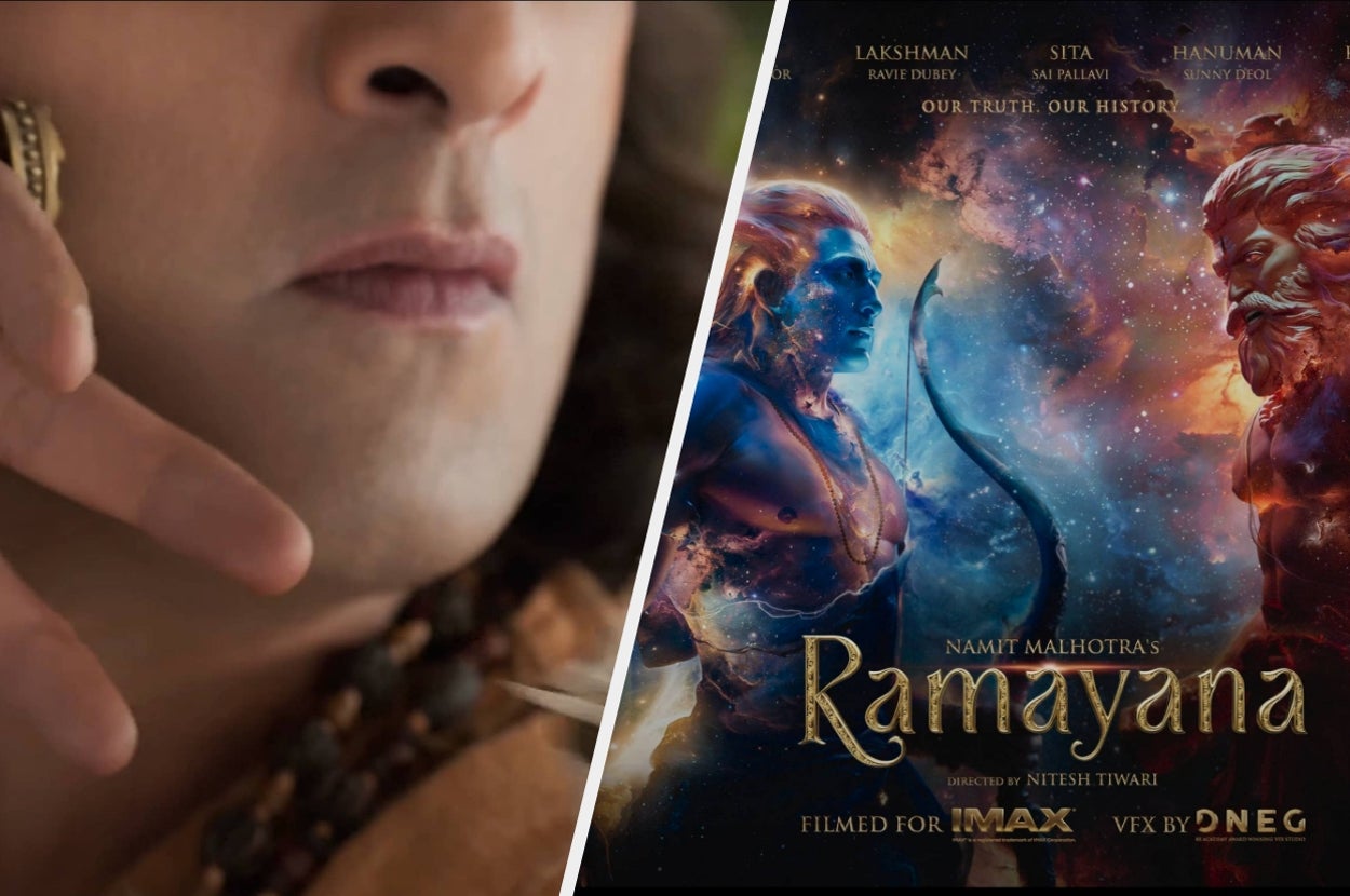 A movie poster for "Ramayana," featuring characters and cosmic imagery, with text: "Our Truth. Our History." Filmed for IMAX, directed by Nitesh Tiwari