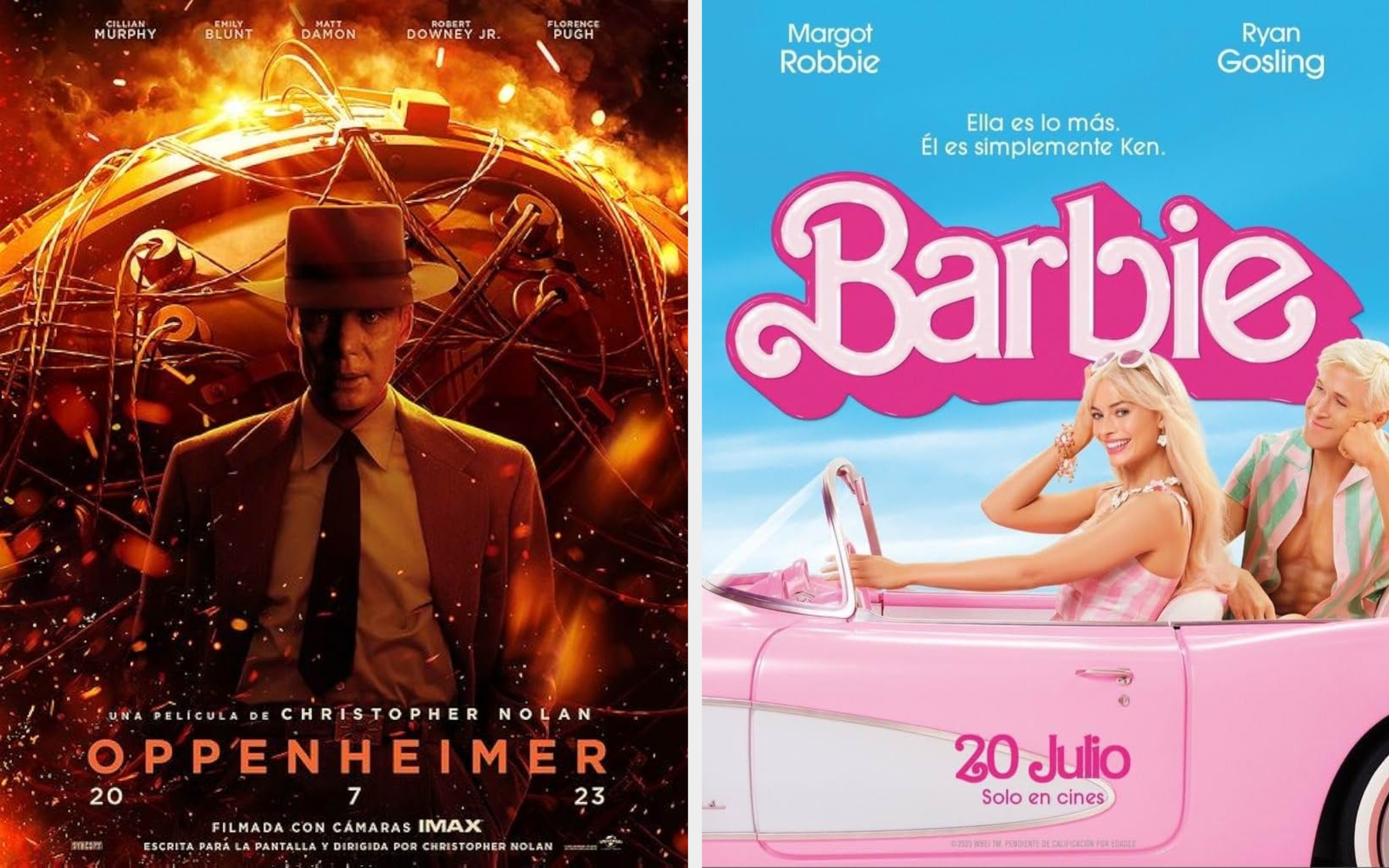 Left: Person in an elegant pink gown posing on a "Barbie" themed red carpet. Right: Four individuals in stylish attire posing at an "Oppenheimer" event