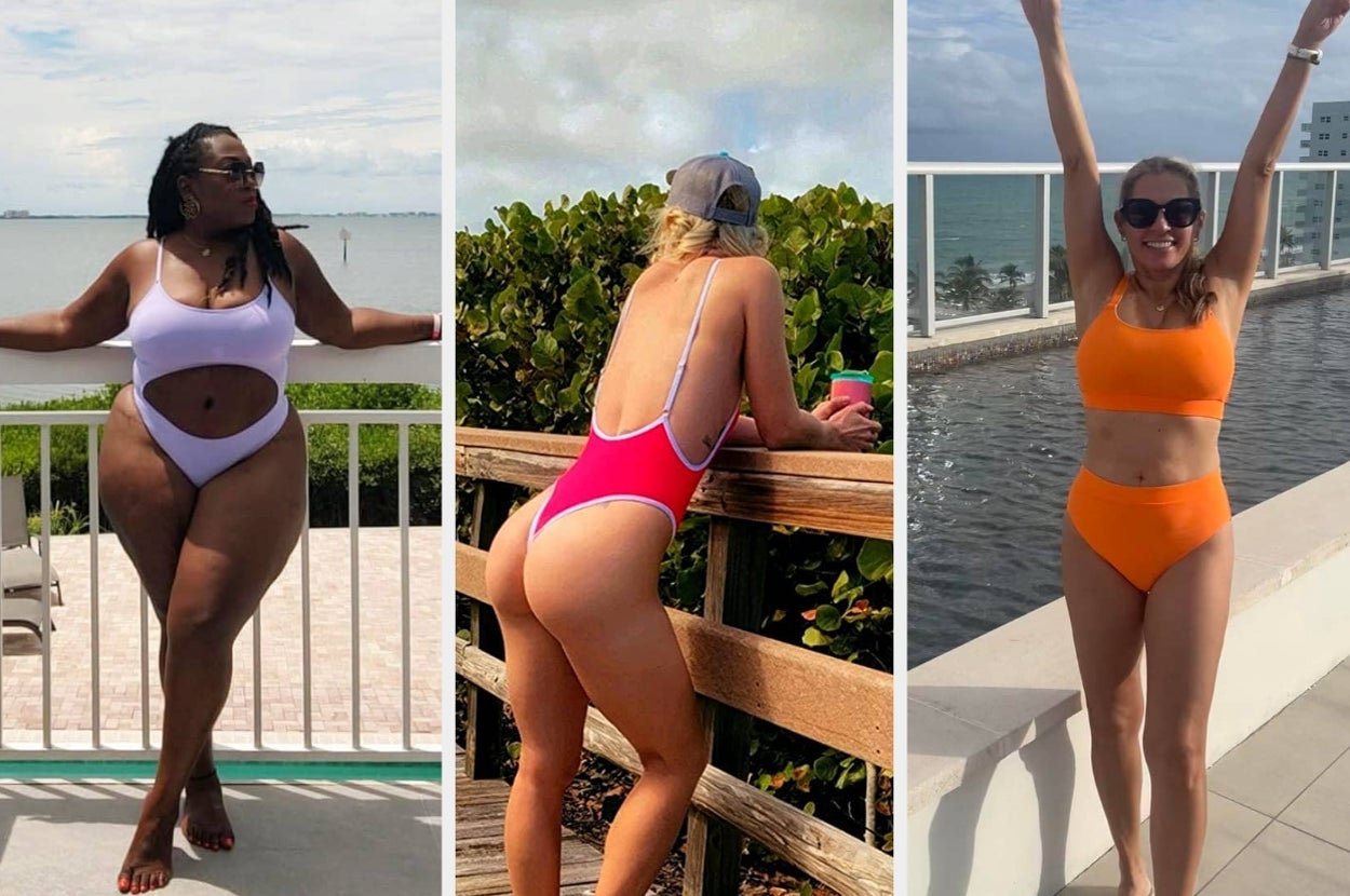 Three women pose in various swimsuits: a cut-out one-piece, a thong one-piece, and a two-piece. They stand near water or a pool, showcasing beach styles