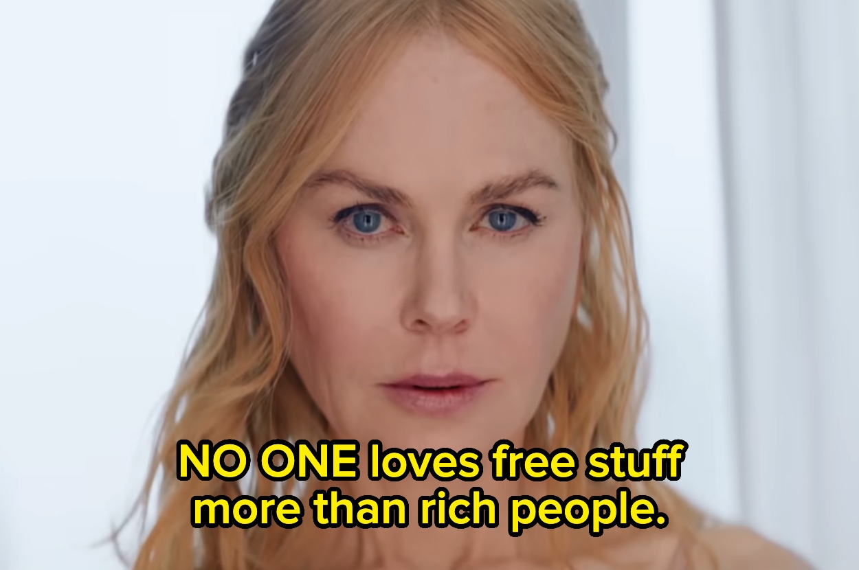 Person with long hair looking directly, with text saying, "NO ONE loves free stuff more than rich people"